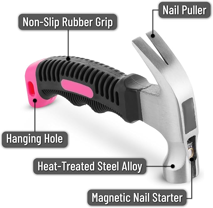 Mr. Pen- Claw Hammer, 8oz, Pink, Magnetic, Small Claw Nail Hammer for Women for Camping, Wood Working, House Repairs, Claw, Stubby, Tack