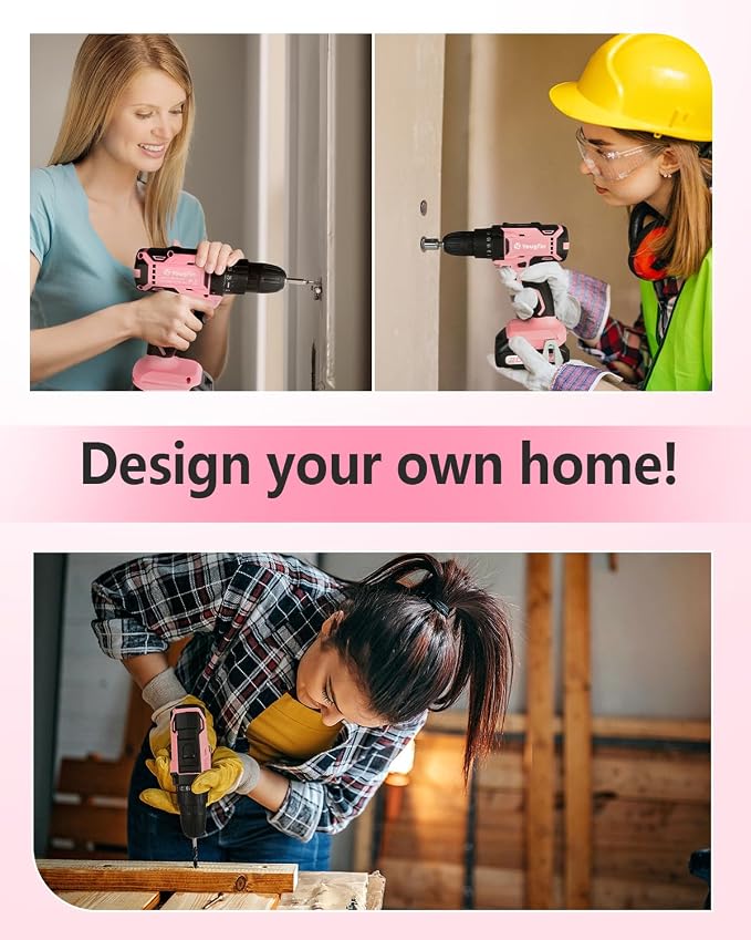 Cordless Drill Driver Set 20V Power with Battery Charger and Carrying Case, 25+1 Torque Electric Drill, Variable Speed, 266 In-lb, 3/8'' Keyless Chuck, 34pcs Driver Bit, for Women, Pink