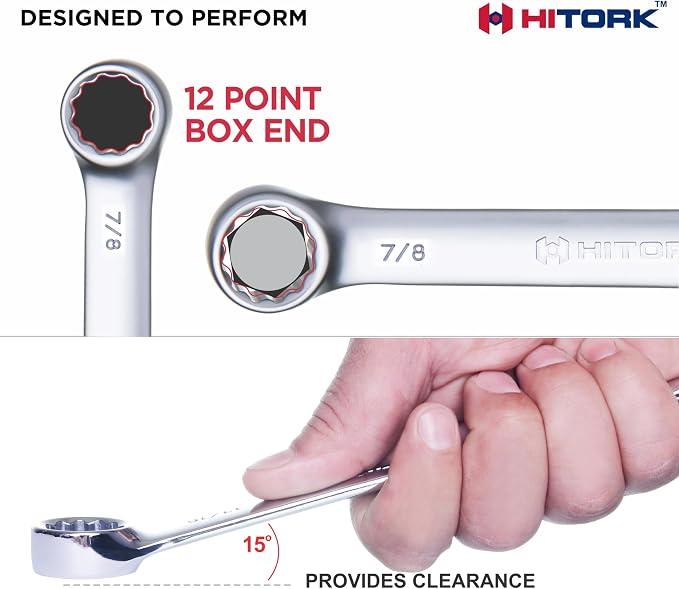 Hitork 24-Piece Combination Wrench Set, SAE (1/4"–1") & Metric (8–24mm), Cr-V Steel, Mirror Chrome Finish, 12-Point Box End, 15° Offset, with Roll Pouch – Ideal for Home, Garage & Auto Repair | Mirror chrome finish, raised box ends and organized roll u...