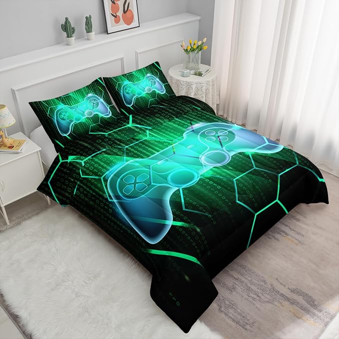 Axolotl Gaming Comforter Set Twin Size,Number Video Gaming Gamer Bedding Set,Boys Game Console Comforter Set,Geometry Hexagonal Bedding Set for Teens Men Adults,1 Quilt 2 Pillowcases,Green Black