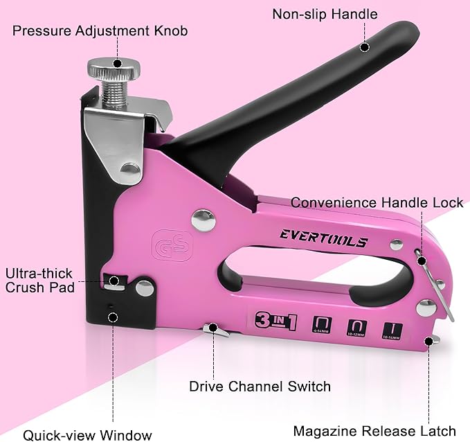 3-in-1 Pink Staple Gun, Manual Upholstery Staple Gun with 600 Staples for Crafts, Fabric, Furniture Repair, Wood & DIY