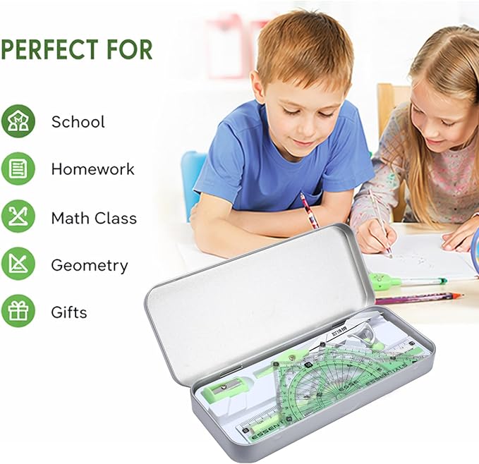 Compass Geometry Tool 9 Pcs Protractor and Compass Set Geometry Set Drawing Compass with Shatterproof Storage Box Includes Rulers Protractor Compass Eraser Pencil Sharpener Green