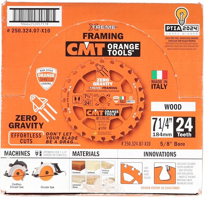 CMT Orange Tool 250.324.07-X10 FRAMING Zero Gravity 7-1/4”x5/8”, 10 Pack | Zero Gravity Framing Design | Framing | Construction | Wood Cutting Applications