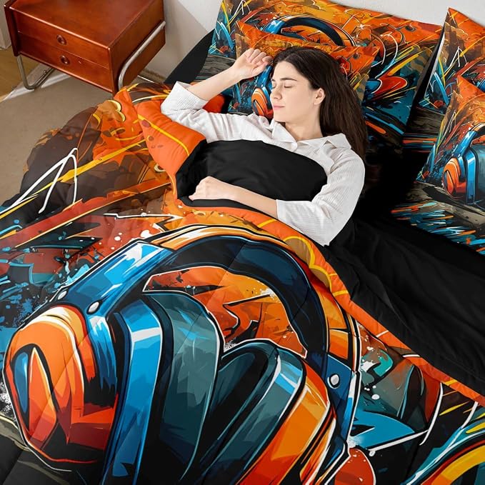 Erosebridal Gaming Headset Bed in a Bag King Size Comforter Set 7 Pieces | Graffiti Gamer Bedding Sets Doodle Style Comforter and Sheet Set, Gaming Headphones Bed Sets