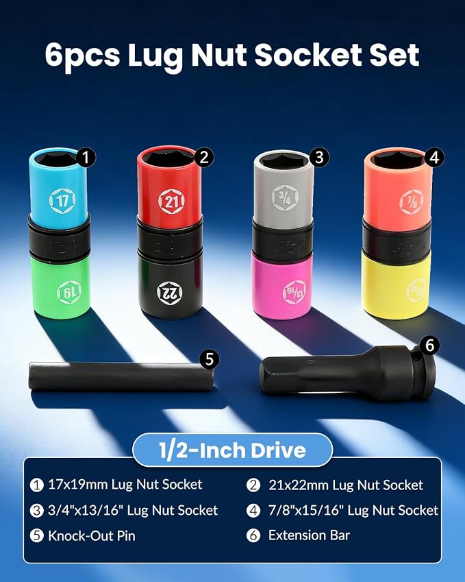 DPTOOL Lug Nut Socket Set 1/2" Drive Wheel Impact Flip Socket Set | with Metric 17 19 21 22 MM & SAE 3/4 13/16 7/8 15/16 in Sockets Non-Marring Thin Wall Lug Nut Removal Tool