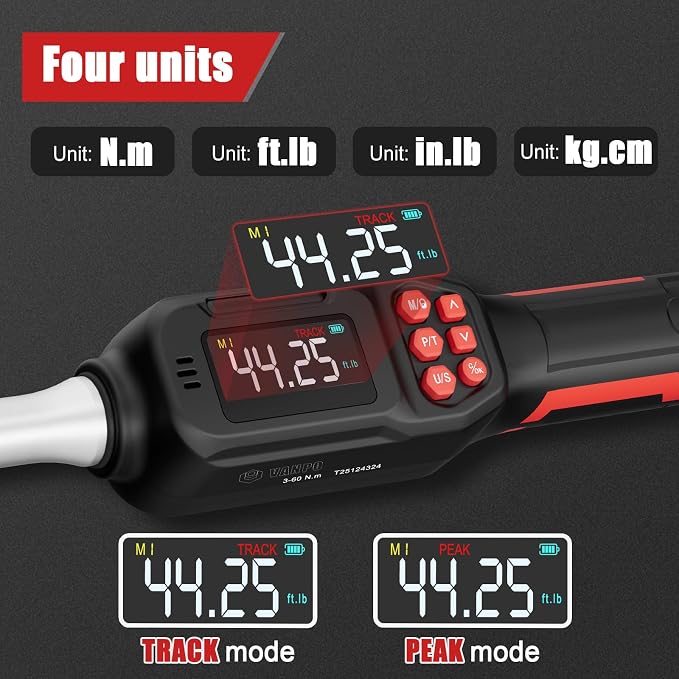 VANPO Adjustable HVAC Digital Torque Wrench, 2.2-44.3 Ft.lb/3-60Nm | 42mm Jaw & 1/2" Ratchet, 9×12mm Open End, ±2% Accuracy, Buzzer, Vibration, LED Indicator for Split AC, Motorcycle, Plumbing