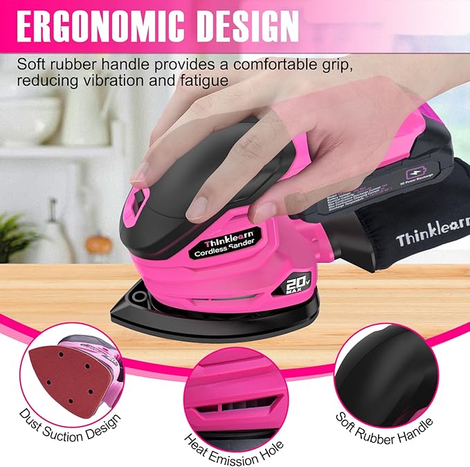 THINKLEARN Cordless Detail Sander - 20V Electric Hand Sander with 22Pcs Sandpapers, 12000 RPM Mouse Sanders with Dust Bag, Compact Palm Sanding Tool for Woodworking, 2.0Ah Battery and Charger Included
