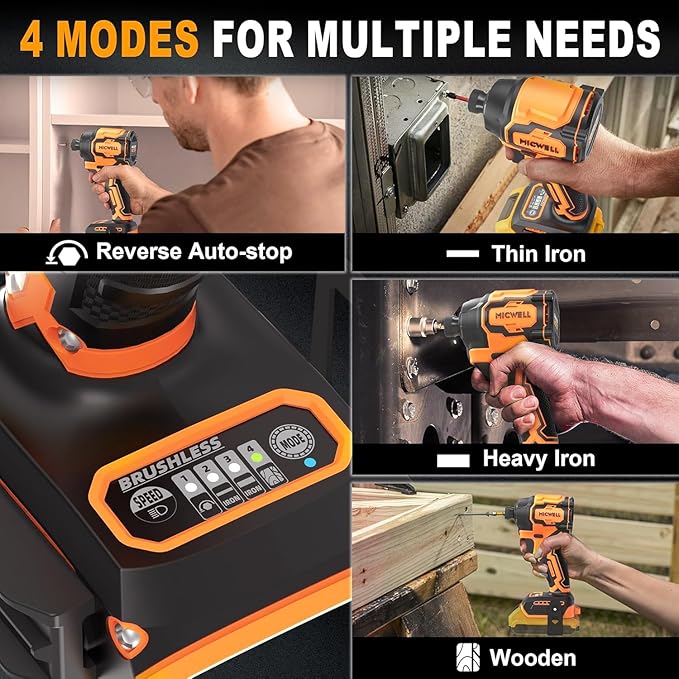 MICWELL Cordless Impact Driver (Tool Only) Compatible with Dewalt 20V Max Battery, Up to 2300 In-lbs Brushless 1/4" Impact Driver, 4-Speed Lightweight with Tool Bag, LED Light