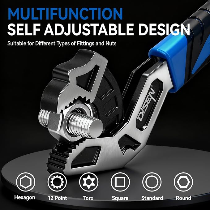 DISEN 4PCS Self Adjusting Pipe Wrench 6”, 8”, 10”, 12” | Multifunctional Self Locking Wrench Set, Plumbing Tools for Pipe Fittings and Nuts, Chromium Vanadium Steel