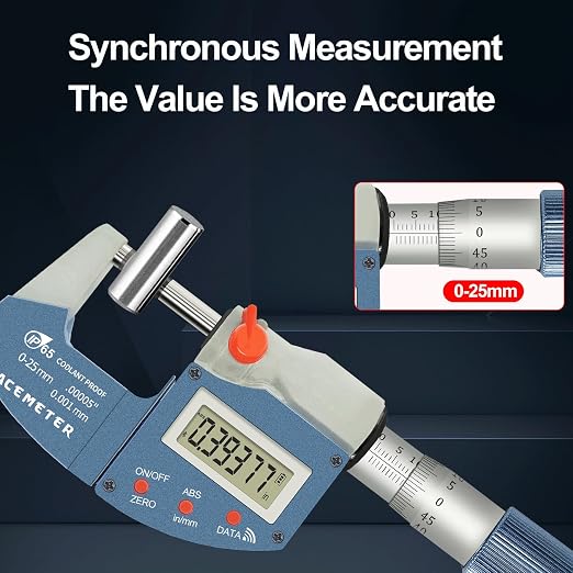 Digital Micrometer Metric & Inch, 0.00005" Resolution, 0.0001" Accuracy Stainless Steel Micrometer for DIY and Household Use