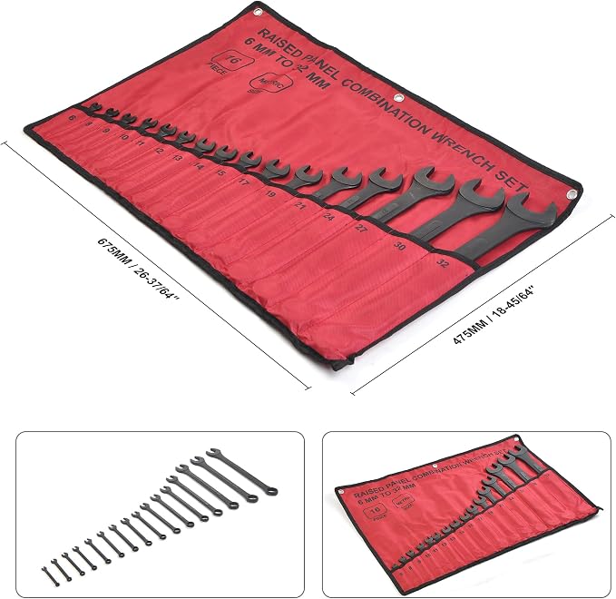 16 Piece Metric Combination Wrench Set 6mm to 32mm Metric Wrench Set with Roll Up Pouch