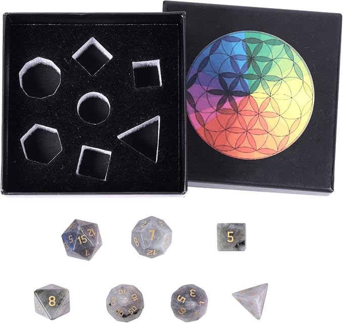 mookaitedecor 7 PCS Labradorite Crystal Polyhedral DND Dice Set, Polished Tumbled Stones Dices for RPG MTG Table Games Home Decoration