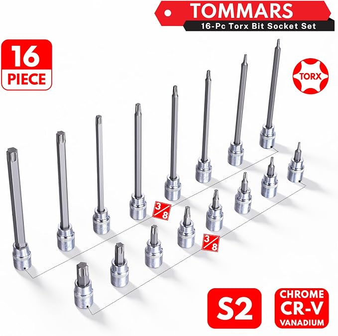 TOMMARS 16-Piece 3/8" Drive Conventional Torx Socket Set | T10, T15, T20, T25, T30, T40, T50, and T55, Long Torx Bit Socket Set ,S2 Alloy Steel