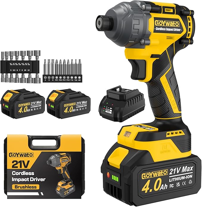 Cordless Impact Driver 2655In-lbs(300N·m) - 21V 1/4" Hex Chuck Brushless Hand Impact Driver With 2 x 4.0Ah Battery & Charger & 14 x Sockets Set & 10 x Screwdriver Bits for Home Projects & DIY
