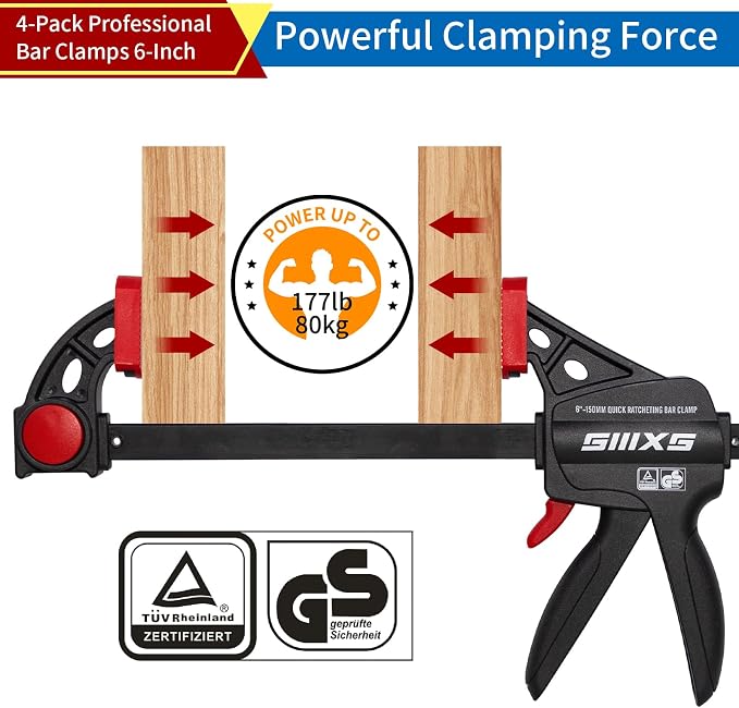 6" Bar Clamps for Woodworking, 4-Pack One-Handed Wood Clamps/Spreader, Quick-Release F Clamps Set, 177 lbs Load Limit with GS Certificate