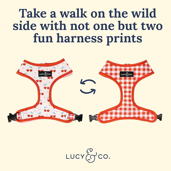 Lucy & Co. Reversible Dog Harness - Water-Repellent Neoprene, Dual-Print Design, Easy Swap Style, Adjustable Comfort Fit - Cheery Cherries Reversible Harness - Large