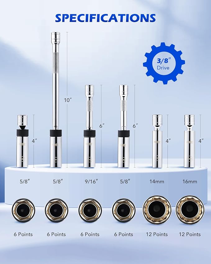 OMT 6pc 3/8" Drive Spark Plug Socket Set with Swivel and Thin Wall | 9/16" 5/8" 14mm 16mm Sizes, Cr-V Steel; 6 Point & 12 Point, 360-Degree Swivel, Secure Magnetic Core, Tight Spaces, DIY