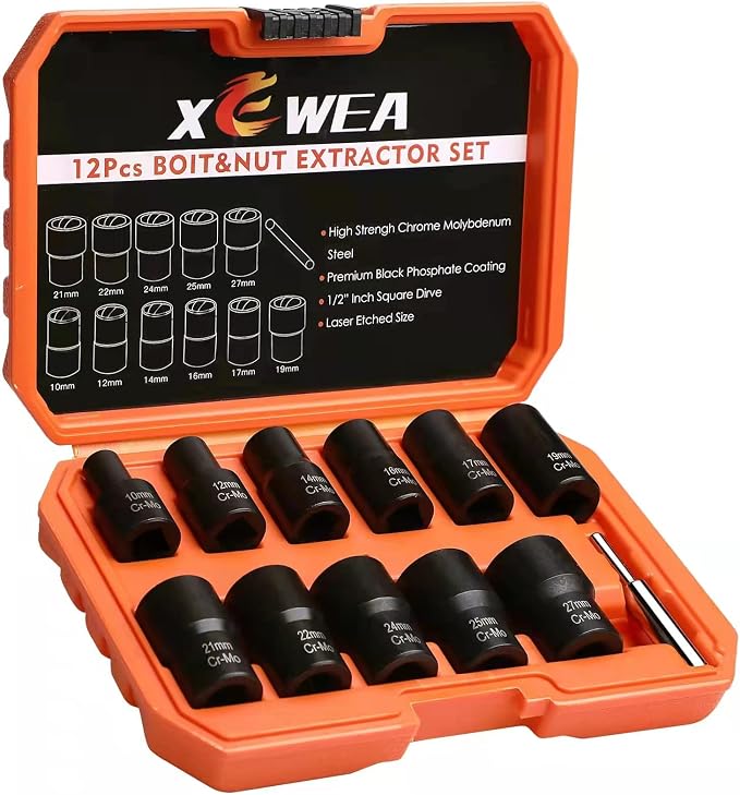 XEWEA 12PCS 1/2-Inch Drive Lug Nut Remover Set, Wheel Lock Removal Kit | Stripped Wheel Lock Removal Extractor, Cr-Mo Twist Socket Kit, For Removing Damaged, Frozen, Rusted, Studs