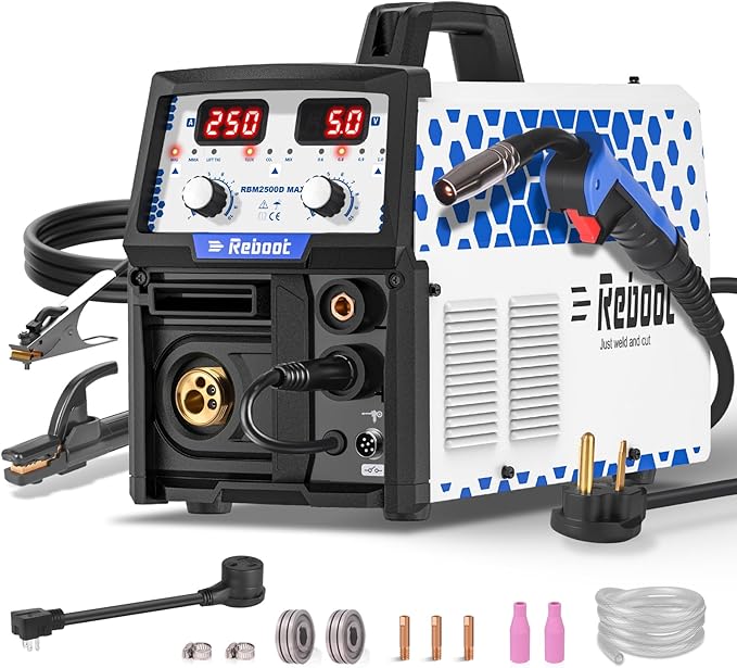 Reboot RBM2500D MAX 250A 5-in-1 MIG Welder, Premium Build, Spool Gun Compatible for Aluminum, Lift TIG, MIG Gas/Gasless, Stick, 120V/240V Dual Voltage Multiprocess Welding Machine