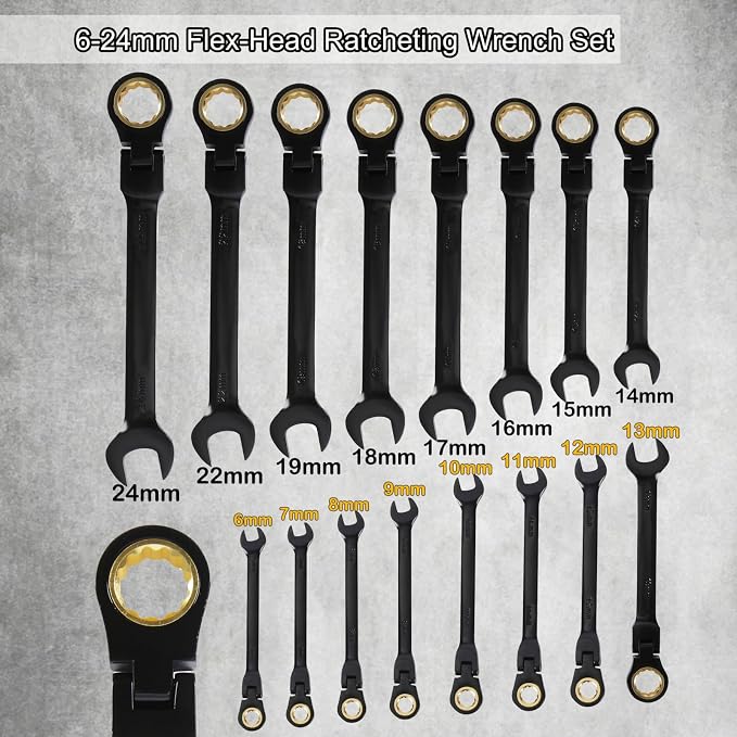 Flex-Head Ratcheting Combination Wrench Set, 16-Piece Metric Wrench Set 6-24mm | 72-Teeth | Cr-V Constructed | Fully Polished (Black) | with Organization Bag