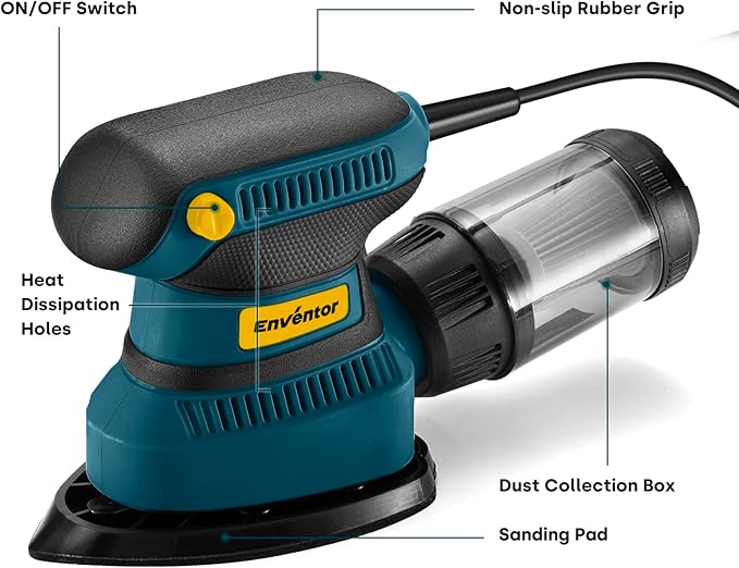 Enventor Detail Sander, 1.7A 210W Compact Electric Sander 15,000 RPM with 16Pcs Sandpapers, Dust box, Soft Grip Handle Tight Spaces Sanding, Polishing