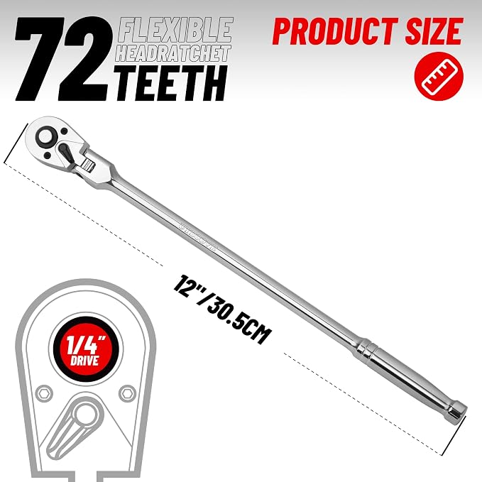 1/4-Inch Drive Ratchet Flex Head Ratchet 12"/305mm | 1/4 Long Handle, 72 Tooth Quick Release Swivel Head Ratchet Cr-Mo Head Socket Wrench Flexible Ratchet Handle -