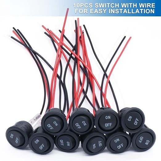 Twidec/10Pcs 12V Round Rocker Switch ON Off AC 6A/250V 10A/125V SPST 2 Pin 2 Position 12 Volt DC Circle Toggle Switch for Car Boat Automotive RV Black with Wires KCD1-5-101-ON-OFF
