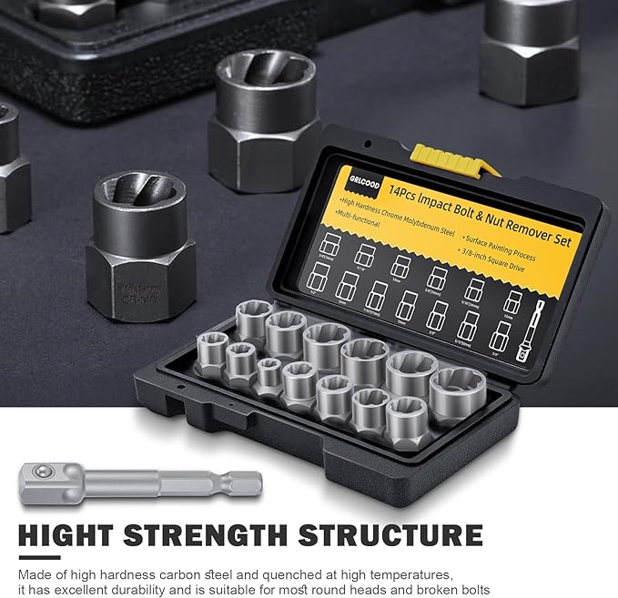 Bolt Extractor Kit, 14 PCS Impact Bolt & Nut Remover Set with 3/8 Inch Adapter, Upgrade Stripped Bolt Extractor Socket Set with Portable Tool Box, Easy Out for Rusted, Damaged, Round Bolt Nuts Screws