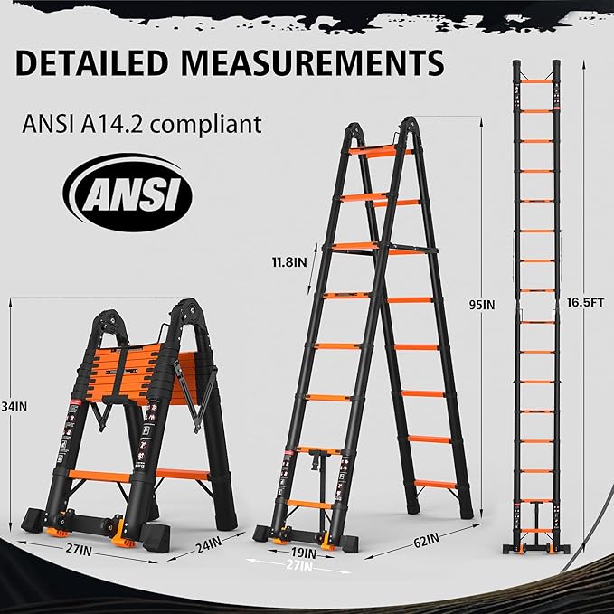SINMEIRUN Telescoping Ladder, 16.5 FT, A Frame, Aluminum Extension Ladder, 330 lbs Capacity, Collapsible Multi-Purpose Ladder for Home, Roof and RV; Orange