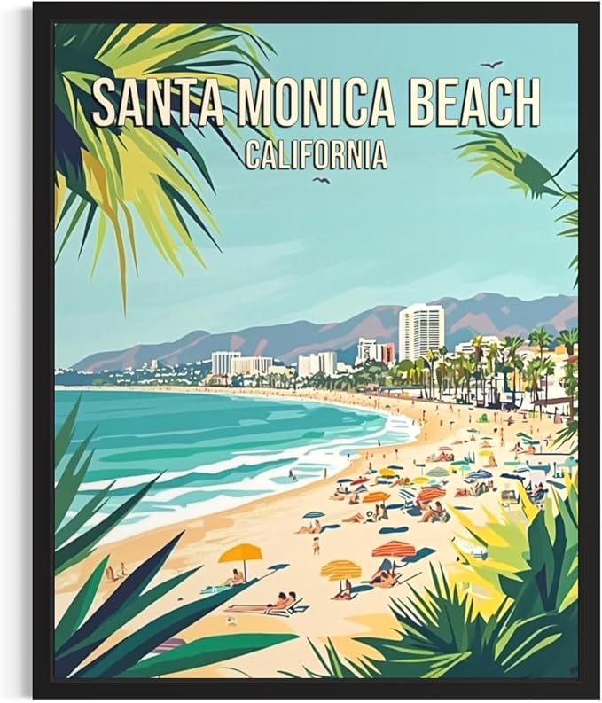 Santa Monica Beach California Wall Art Print Poster, US Vintage Retro Beach Scenery Posters Prints for Restroom Home Picture Painting Artwork Gallery 219 (Santa Monica Beach California, 16 x 20 inches, Black Frame)