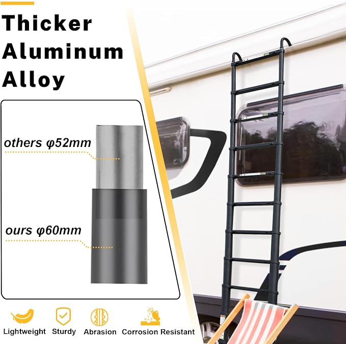 RIKADE Telescopic Ladder, 8.5 ft Aluminum Telescoping Ladder with Non-Slip Feet and Stable Hook, Portable Extension Ladder for Household and Outdoor Working, Max Load 330 lb, Black