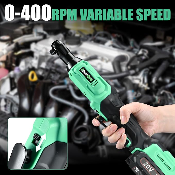20V Cordless Ratchet Wrench Set - 3/8" Electric Power Ratchet Kit with 400RPM, LED Work Light, and 2 Batteries, Fast Charger, Sockets, Adapters and Extension Bars (Green)