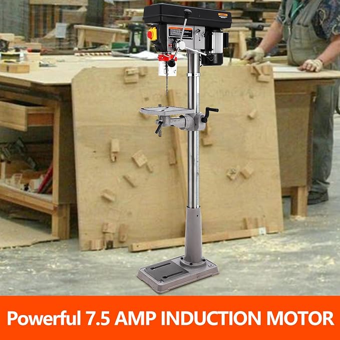 GarveeTech 13 In Floor Drill Press, 7.5 Amp 120V Pure Copper Motor, 288-3084 Rpm Variable Speed Cast Iron Bench Drill Press, 0-45° Tilting Worktable, Tabletop Drilling Machine for Wood Metal