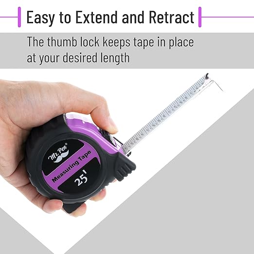 Mr. Pen- Retractable Tape Measure 25 ft, Pastel Purple, Easy Read, Steel Retractable Measuring Tape with Fractions, Ideal for Construction & DIY Projects