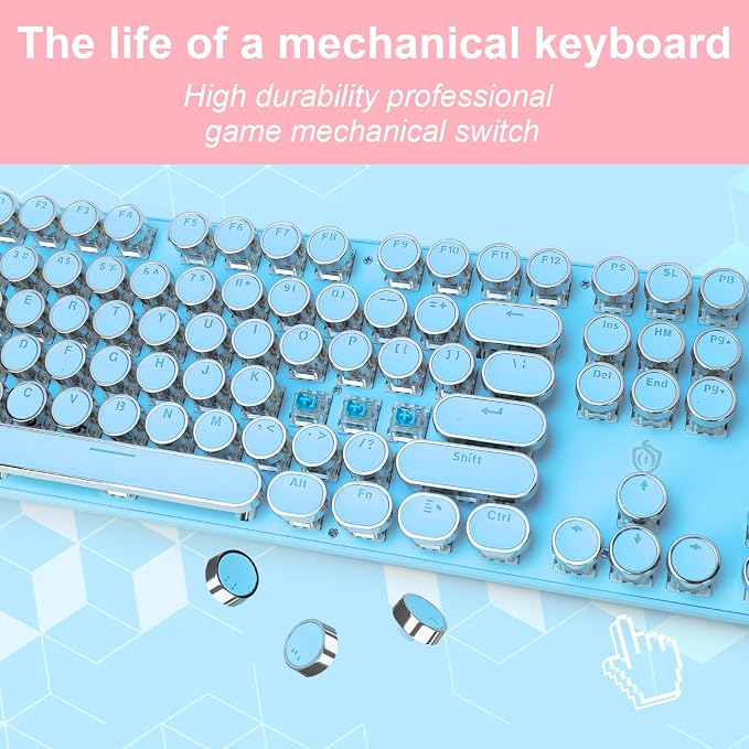 YSCP Typewriter Style Mechanical Gaming Keyboard White Backlit Wired with Blue Switch Retro Round Keycap 104 Keys Keyboard (Blue)