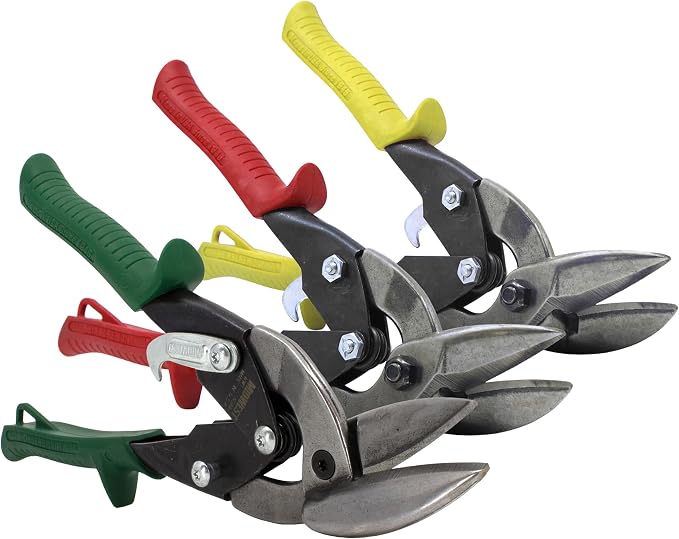 MIDWEST Aviation Snip Set - Left, Right and Straight Cut Offset Tin Cutting Shears with Forged Blade & KUSH'N-POWER Comfort Grips - MWT-6510RLS