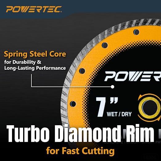 POWERTEC 7" Turbo Diamond Saw Blade for Wet Tile Saw, Diamond Blade for Cutting Concrete, Granite, Brick, Paver, Roofing Tile, 7 inch Diamond Blades for Wet/Dry Cutting, 1 Pack (14006)