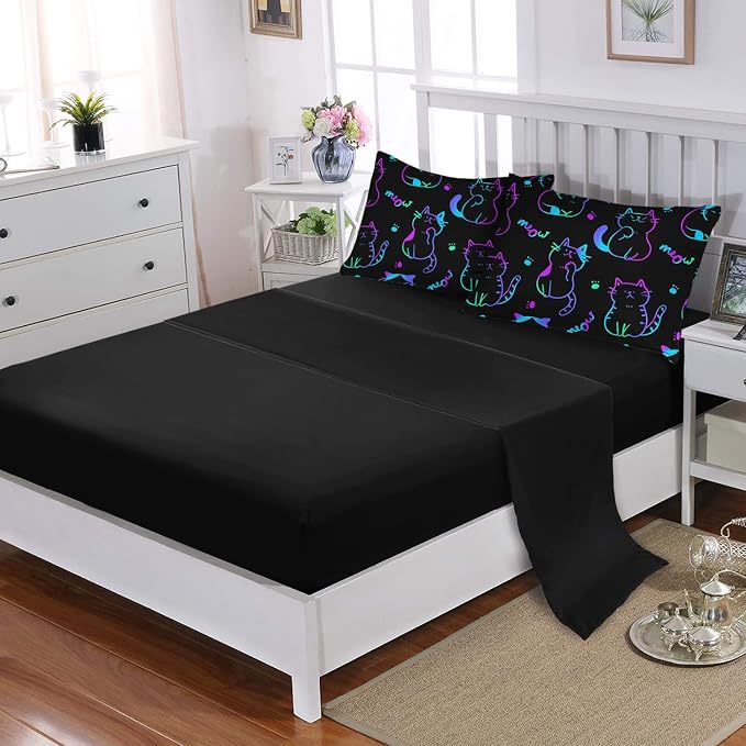 Cute Cat Kids Comforter Set Queen Size,7Pcs Black Neon Lights Animals Printed Bedding Sets for Kids Boys Girls Room Decor,Modern Aesthetic Sheets Twin Size Bed Set.