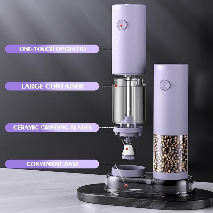1 Pack Salt and Pepper Grinder- Gifts for Women Automatic Battery Purple Pepper Mill Shakers Kitchen Accessories Cooking for Mom, Adjustable Coarseness Salt Pepper Shakers