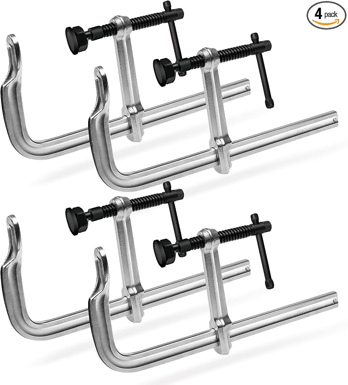 Heavy-Duty 12-Inch F-Clamps, 4-Pack, 3450 Lbs Forged Alloy Steel | 5-1/2" Deep Throat F-Style Bar Clamps for Welding, Metalworking & Fabrication, Solid Steel Jaws & Black-Oxide Spindle