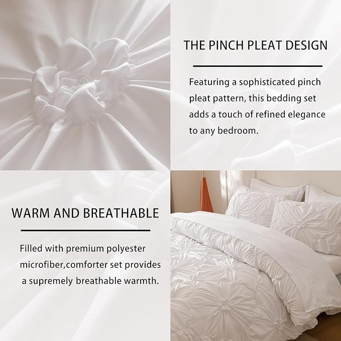 Nttopship White King Comforter Set - 7 Pieces Bed in a Bag, Premium Comforters King Size Bed Set Pintuck Pinch Pleat Complete Comforter Set with Flat Sheet, Fitted Sheet and Pillowcases,White