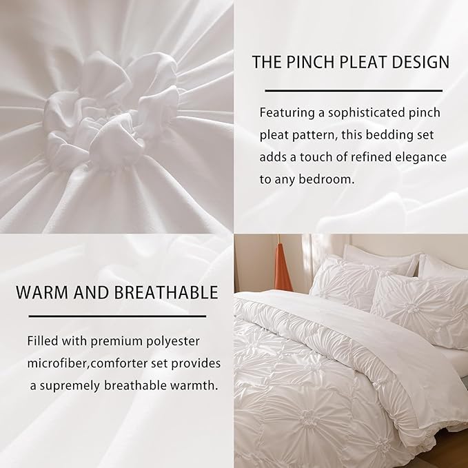 Nttopship White Queen Comforter Set - 7 Pieces Bed in a Bag, Premium Comforters Queen Size Bed Set Pintuck Pinch Pleat Complete Comforter Set with Flat Sheet, Fitted Sheet and Pillowcases,White