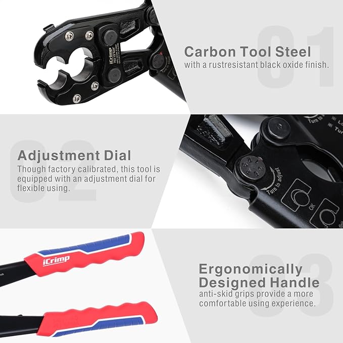 iCrimp IWS-1234N PEX Crimping Tool for 1/2’’ & 3/4’’ Copper Crimp Rings, Combo PEX Crimper with Interchangeable Die Set for Tight Space, Patented