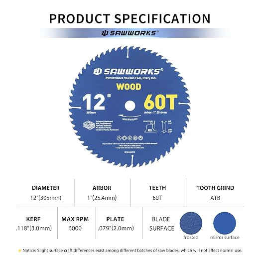 SawWorks 12" 60T ATB Carbide Wood Saw Blade, 1" Arbor, Large Cabinet Shop Table & Miter Saw Finish Cutting Blade