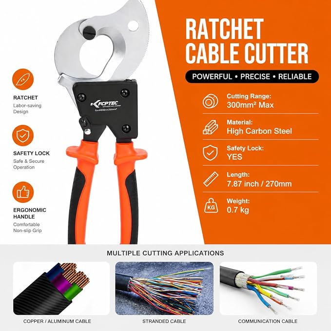 KF CPTEC Ratchet Cable Cutters Effortless up to 300mm²(AWG 600MCM) Ratcheting Wire Cutter for Electrical Aluminum, Copper & Multi-core Cables, Clean Cuts with No Fray