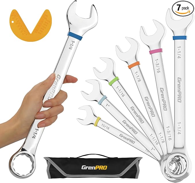 GRENPRO 7PC SAE Large Combination Wrench Set 15/16" To1-1/4 With Color Ring | Long Standard Allen Key Set With Color Coding, Flat & Ball Tip Bit, DIY Assembly & Home Bicycle Repair, Corrosion Resistant
