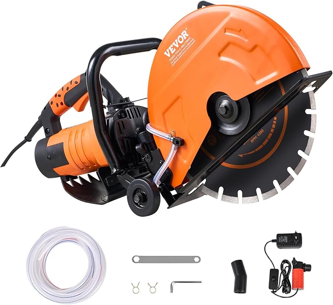 VEVOR Electric Concrete Saw, 14 in, 2600 W Motor Circular Saw Cutter with Max. 6 in Adjustable Cutting Depth, Wet Disk Cutter Includes Water Line, Pump and Blade, for Stone, Brick