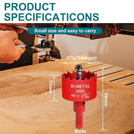 1-3/4 Inch / 44mm Hole Saw for Wood, Plastic Board, Ceiling,Drywall, and Metal Sheet - HSS Bi-Metal Hole Cutter with Pilot Drill Bit