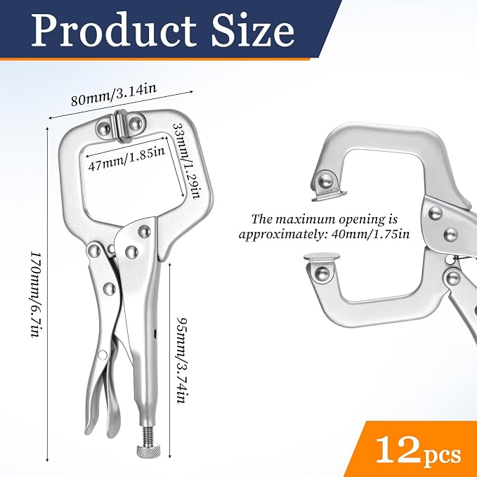 12 Pcs C Clamp Locking Pliers 6 Inch Heavy Duty Welding Pliers with Swivel Pads Adjustable Vise Grip Clamp for Shop Woodworking Cabinetry Repair Home Farm and Auto Workshop