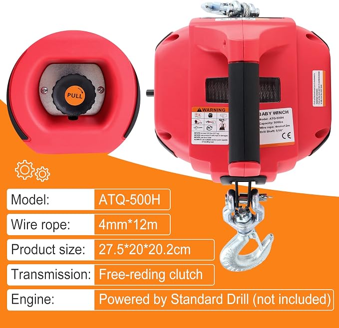 Portable Drill Winch, Rotate The Hook 360 Degrees, Red Handheld Drill Winch/Hoist of 750 LB Capacity with 40 Foot Alloy Wire Rope for Lifting & Dragging, Stretched Wire Fence, Log Handling.